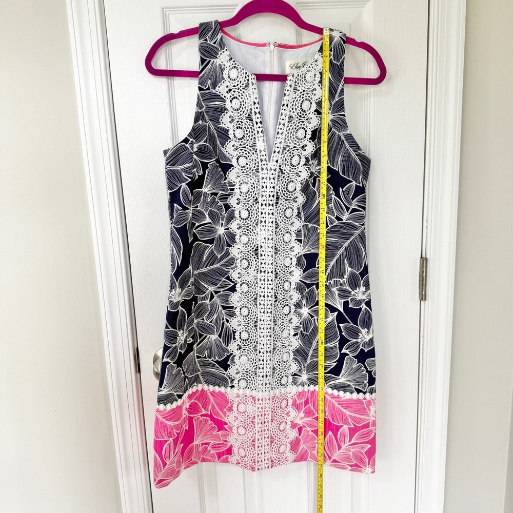 Eliza J Floral Sheath Dress Overlay Split V-Neck Navy Pink Size 6 - Picture 8 of 11